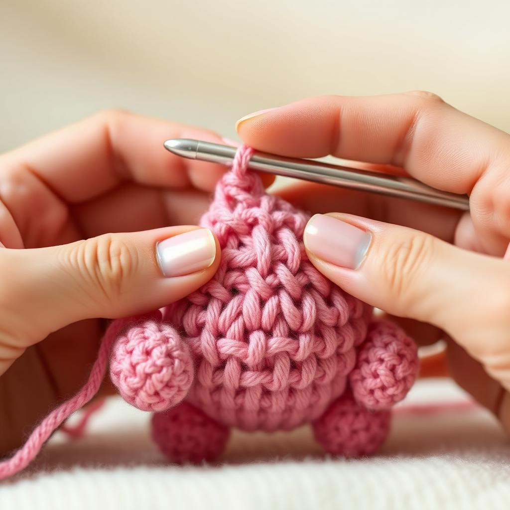 Close-up of hands crocheting a small rose-pink amigurumi with a silver hook