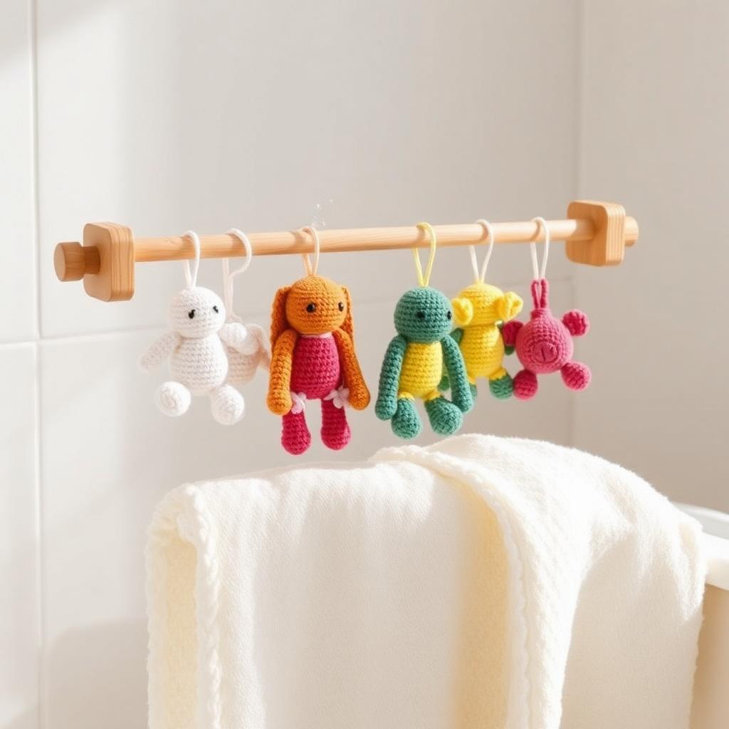 Small colourful crochet toys hanging on a wooden rack over a cream towel